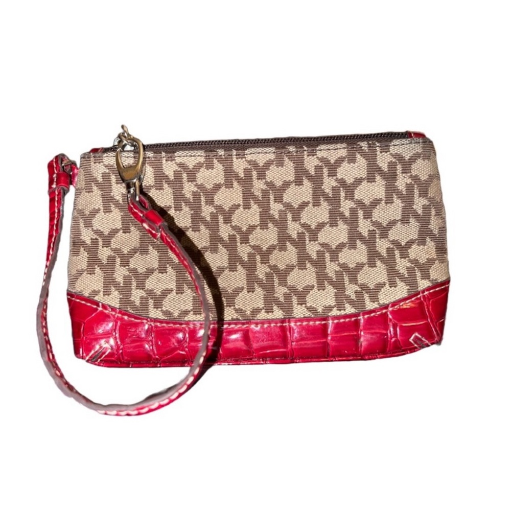 NY & CO. Wallet Coin Purse Faux Croc Embossed Leather Zip Wristlet Brown & Red